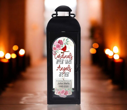 Cardinals Appear Black Memorial Lantern With Wax Candle - The Funeral Program Site