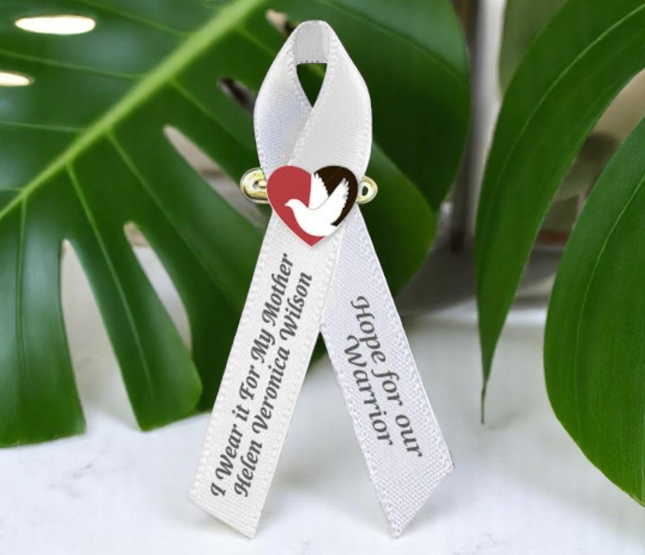 Dove In Heart Awareness Ribbon (Pearl White) - Pack of 10