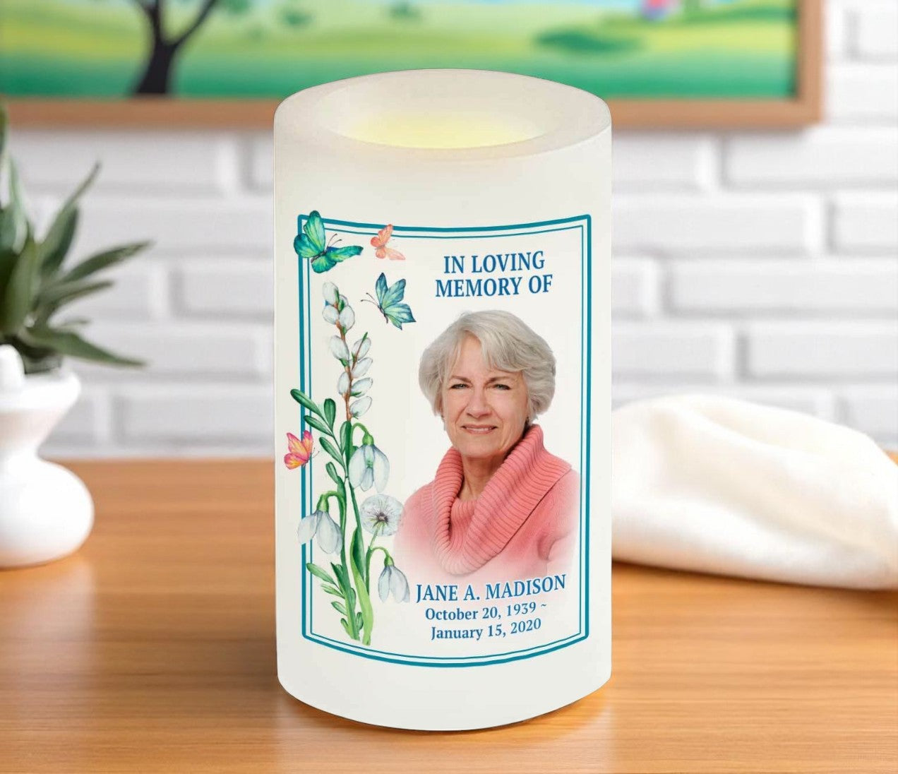 Butterfly Florals Personalized Flameless LED Memorial Candle