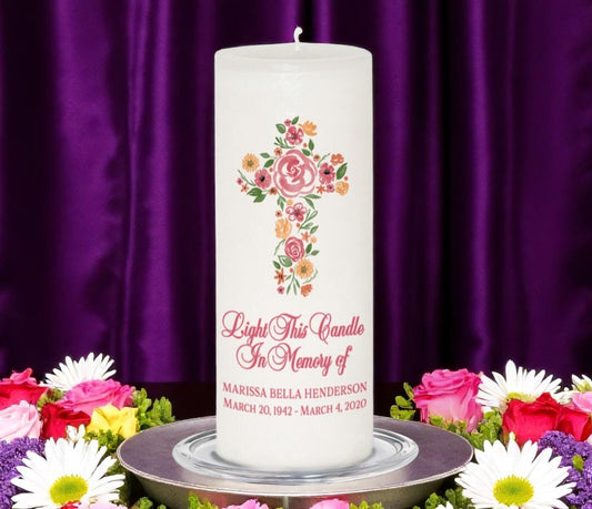 Flowers Cross Personalized Wax Pillar Memorial Candle