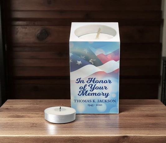 US Flag Personalized Mini Tea Light Memorial Candle & Holder