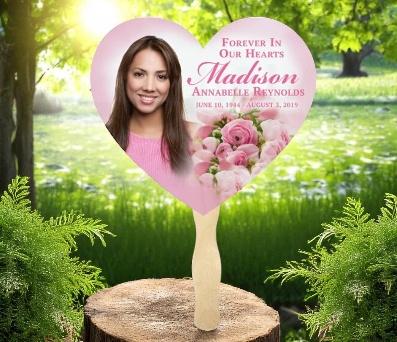 Pink Bouquet Memorial Fan With Wooden Handle (Pack of 10)