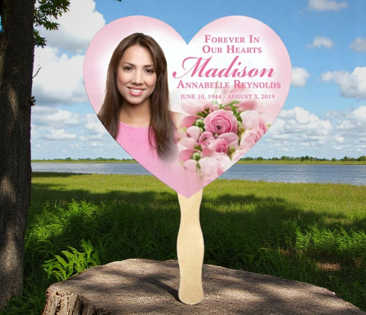 Pink Bouquet Memorial Fan With Wooden Handle (Pack of 10)