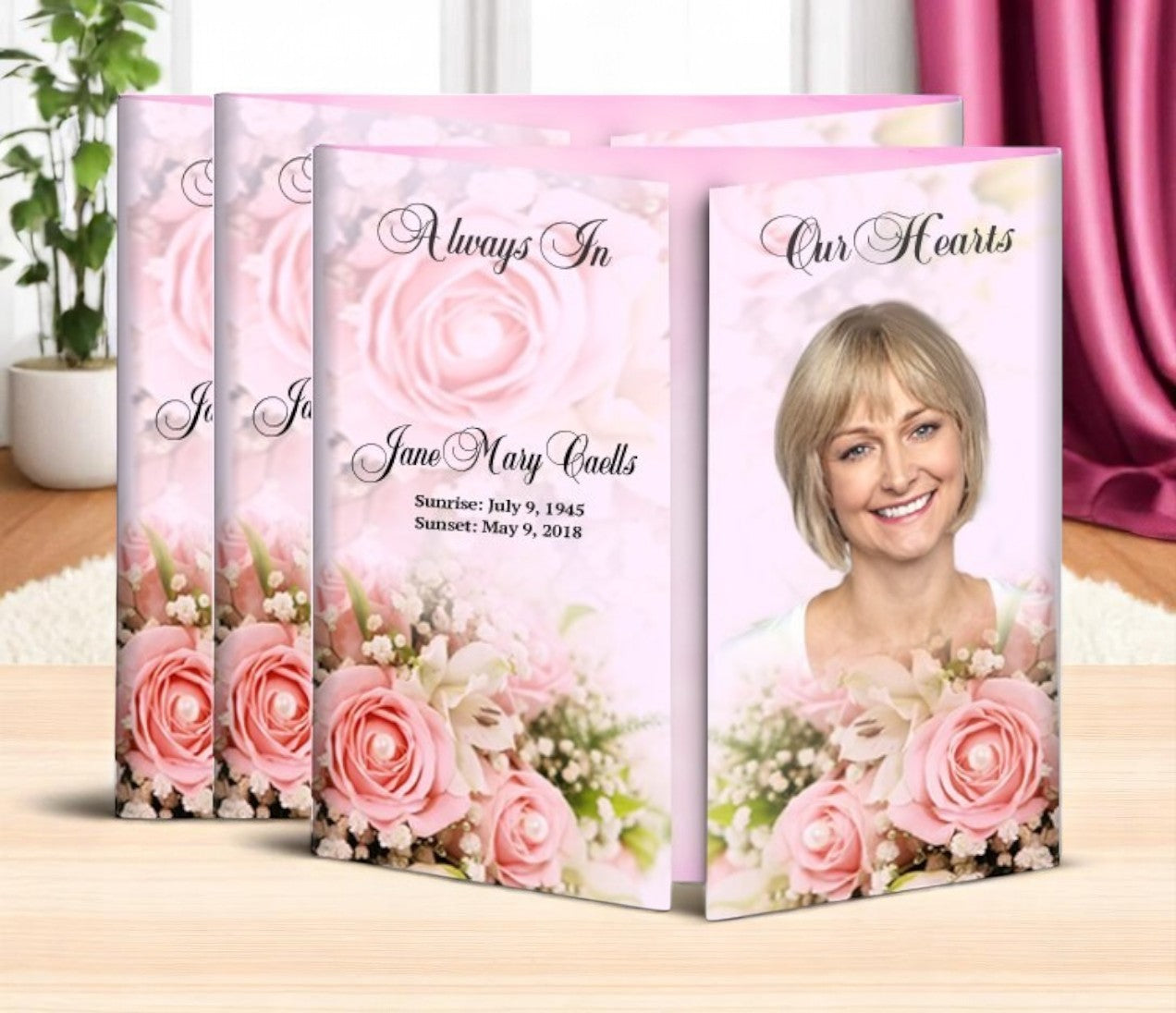 Pink Roses Gatefold Funeral Program Design & Print (Pack of 50)