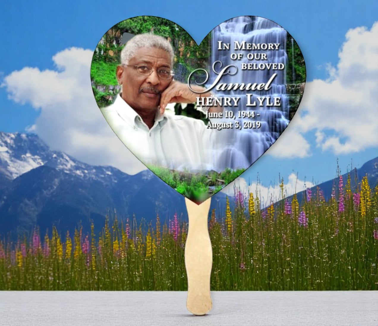 Waterfall Memorial Fan With Wooden Handle (Pack of 10)
