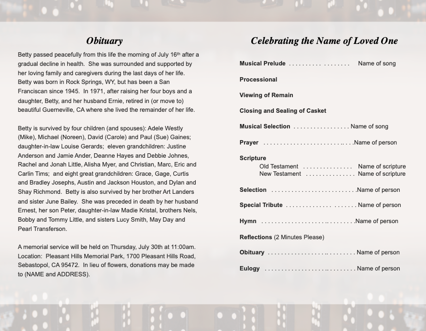 Dominoes Funeral Booklet Template.