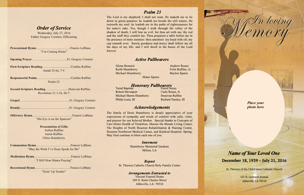 Basketball Trifold Funeral Brochure Template.