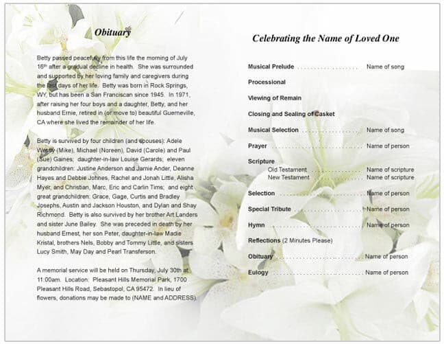 Lily Funeral Program Template.