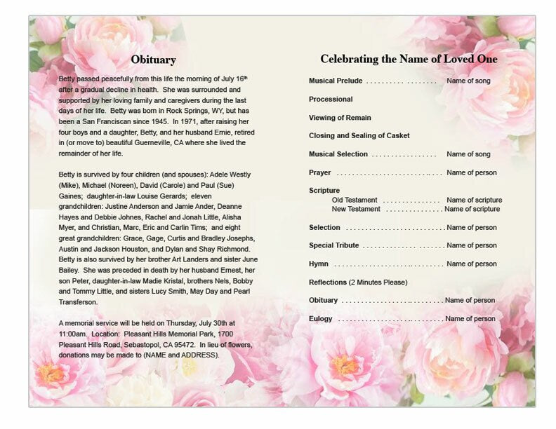 Peonies Funeral Program Template.