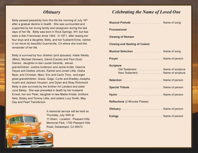 Classic Car Funeral Program Template.