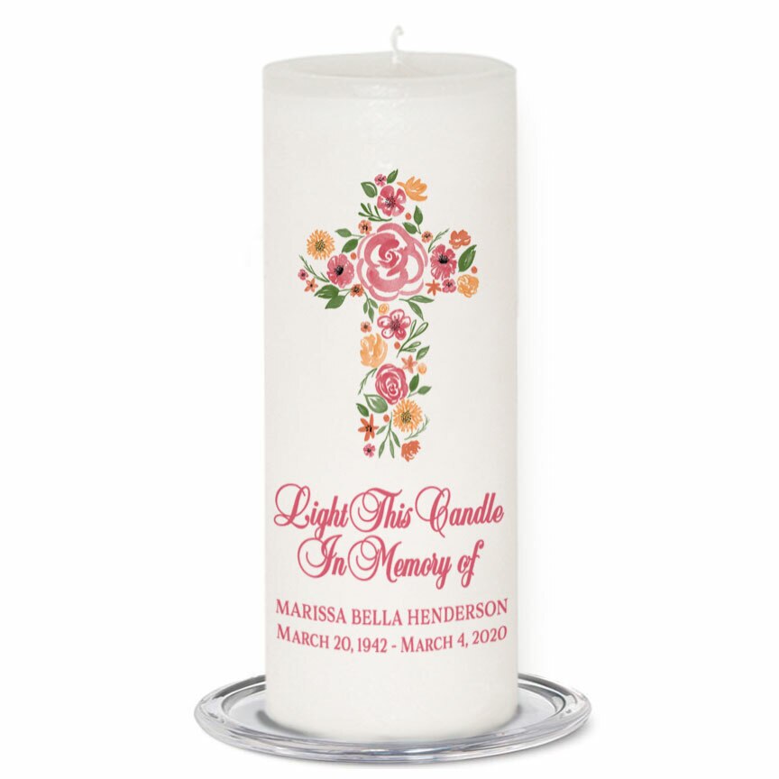 Flowers Cross Personalized Wax Pillar Memorial Candle.