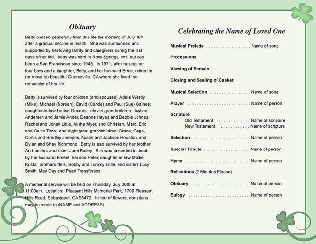 Shamrock Funeral Program Template.