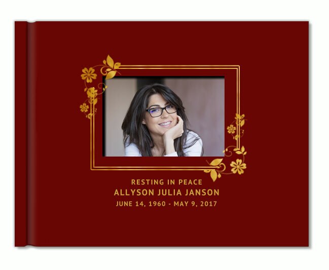 Floral Border Foil Stamped Landscape Funeral Guest Book With Photo.