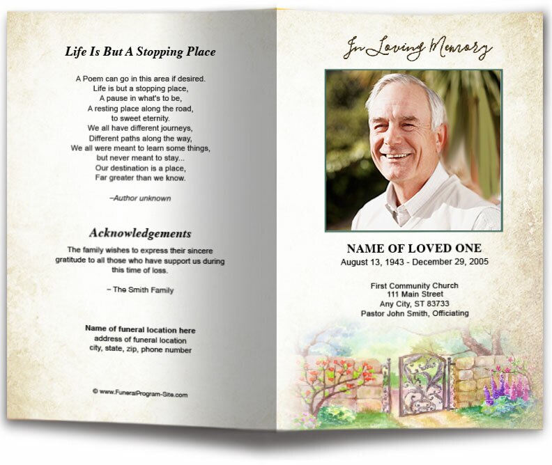 Garden Gate Watercolor Funeral Program Template.