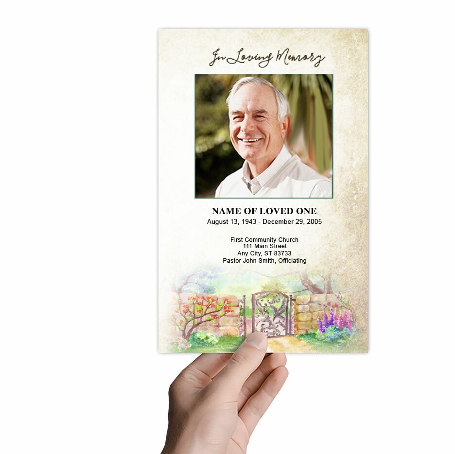 Garden Gate Watercolor Funeral Program Template.