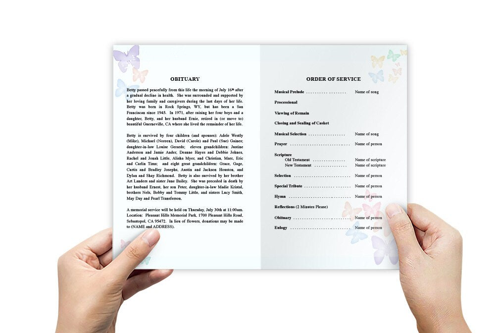 Butterfly Fusion Watercolor Funeral Program Template.
