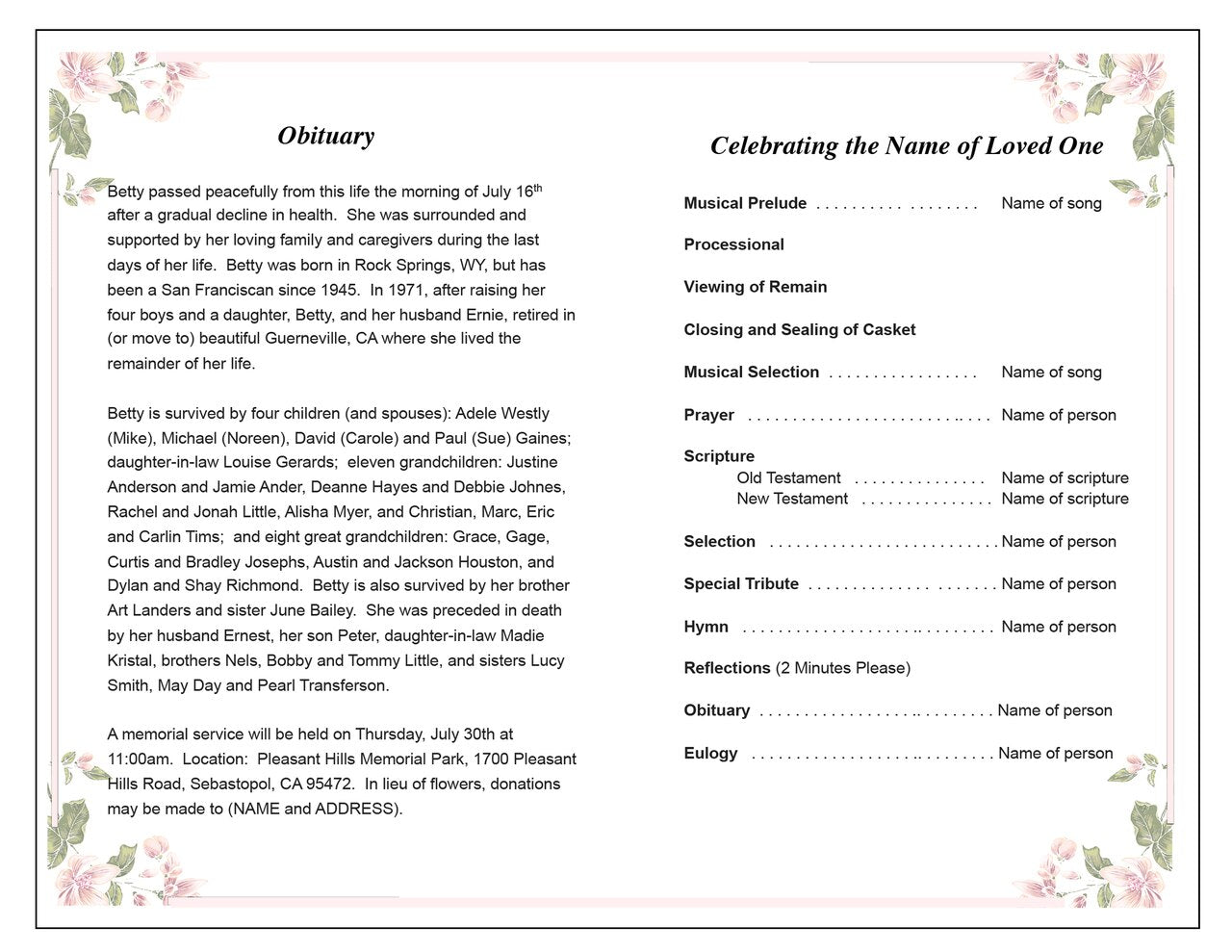Floret Funeral Program Template.