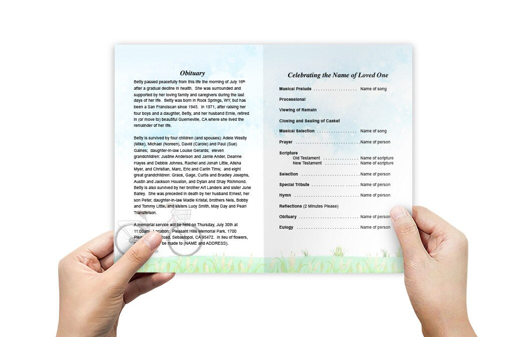 Bicycle Watercolor Funeral Program Template.