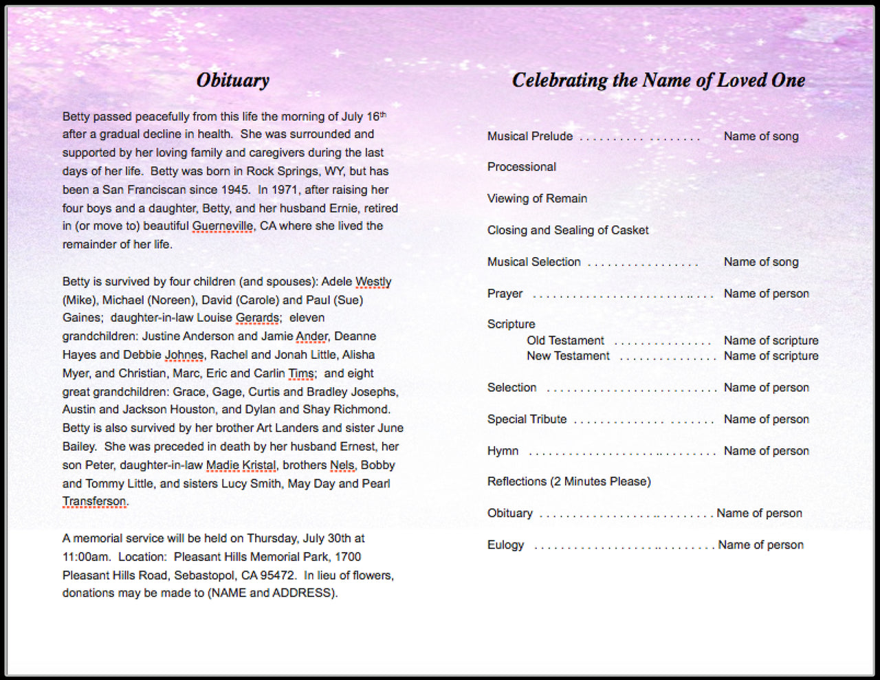 Sparkle Funeral Program Template.