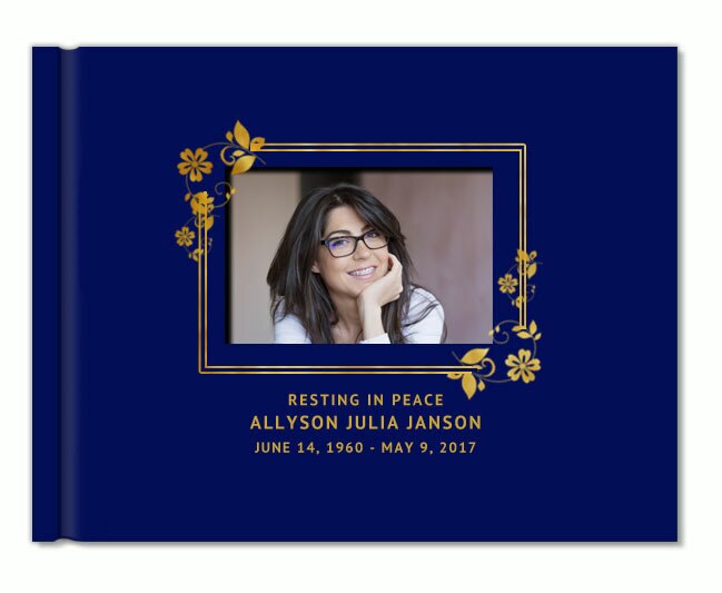 Floral Border Foil Stamped Landscape Funeral Guest Book With Photo.