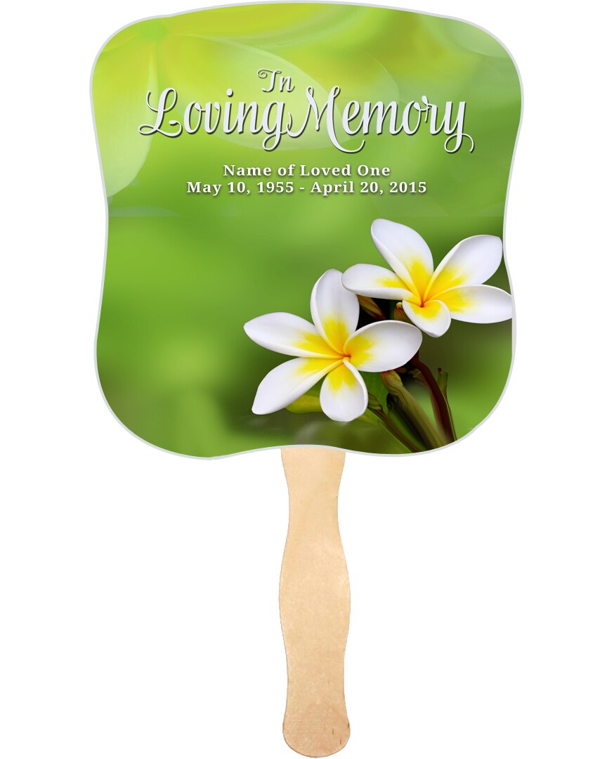 Plumeria Cardstock Memorial Fan With Wooden Handle (Pack of 10).