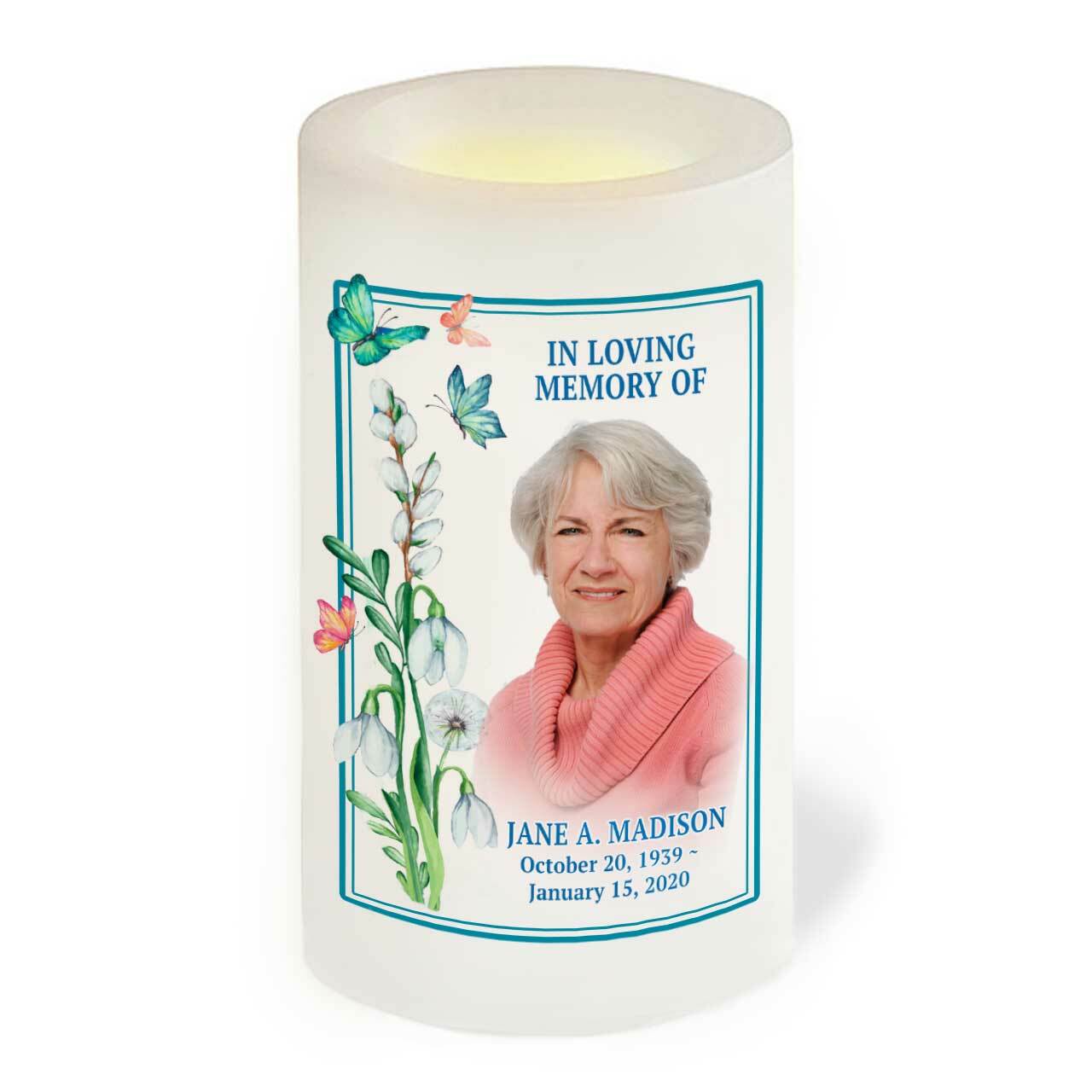 Butterfly Florals Personalized Flameless LED Memorial Candle.