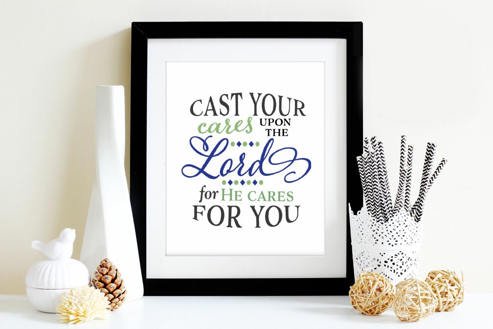 Cast Your Cares Bible Verse Word Art.