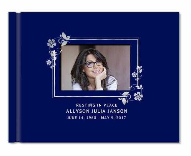Floral Border Foil Stamped Landscape Funeral Guest Book With Photo.
