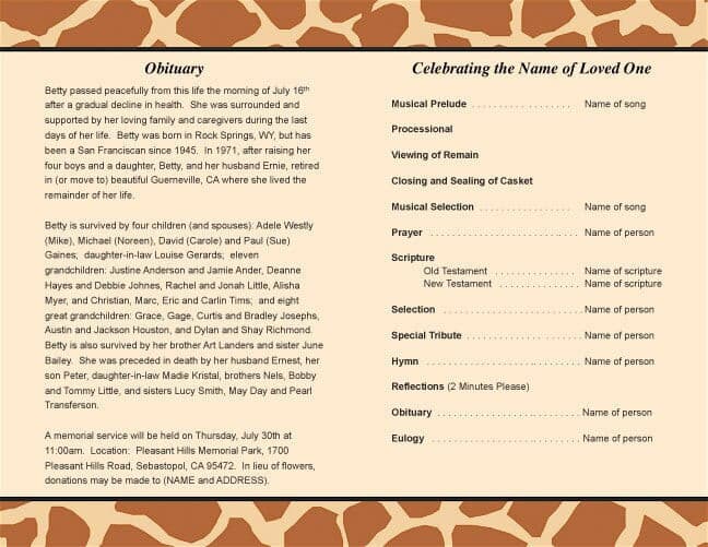 Safari Funeral Program Template.