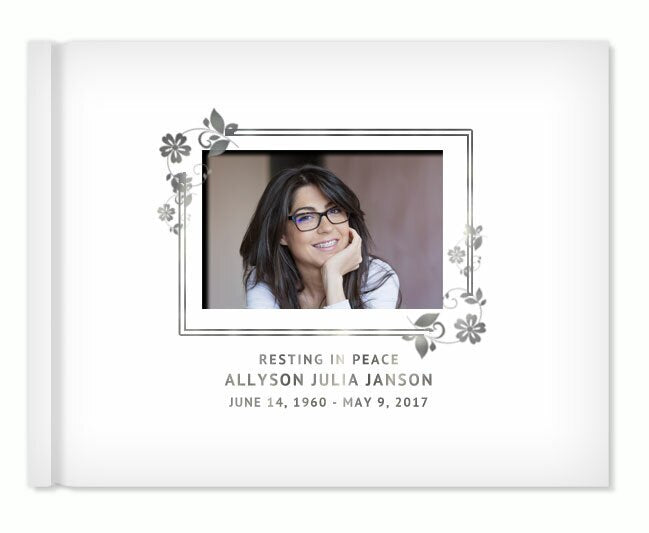 Floral Border Foil Stamped Landscape Funeral Guest Book With Photo.