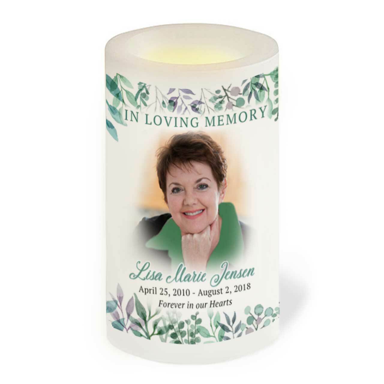 Eucalyptus Personalized Flameless LED Memorial Candle.