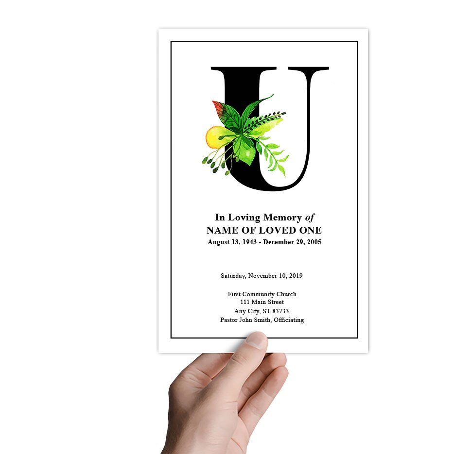 Monogram U Leaves Funeral Program Template.