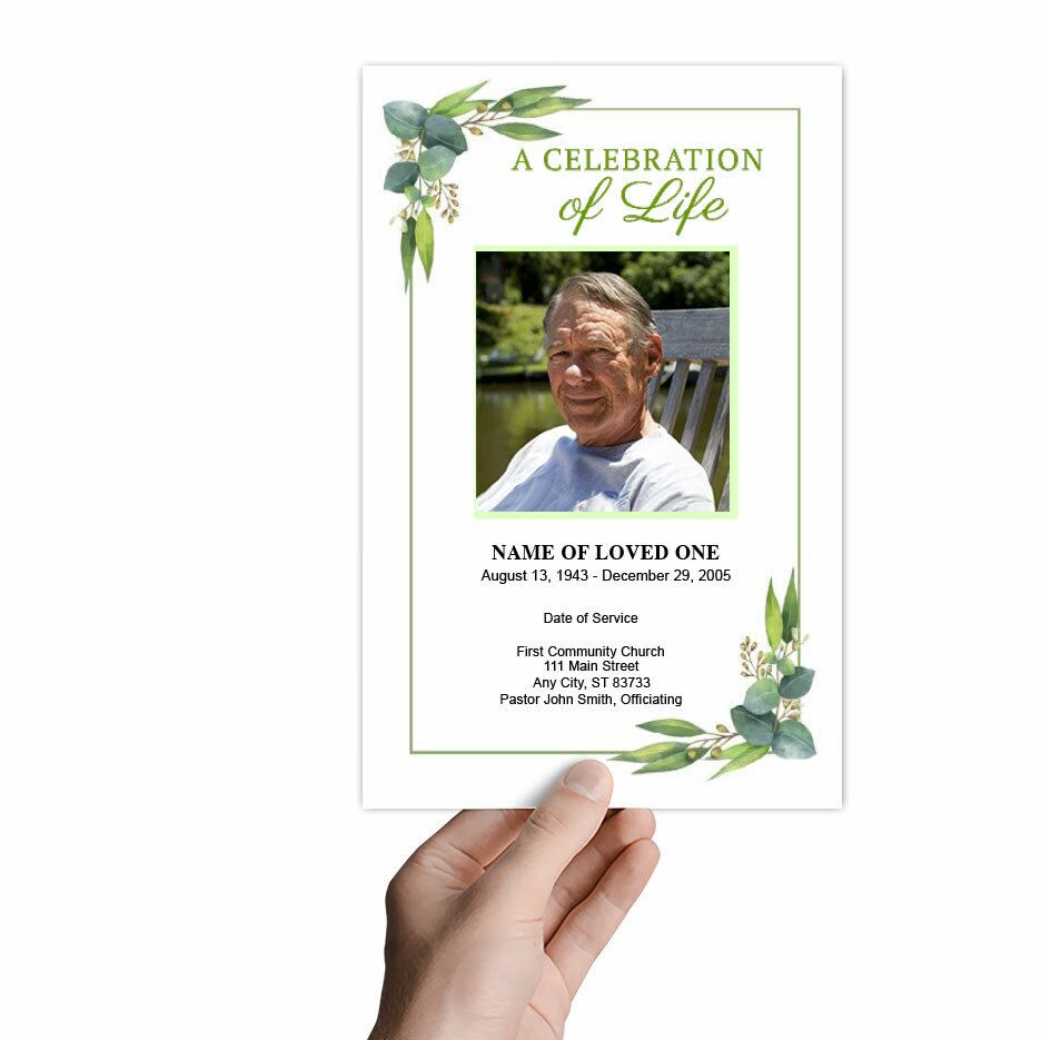 Eucalyptus Watercolor Funeral Program Template.