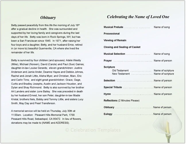 Calle Lily Funeral Program Template.