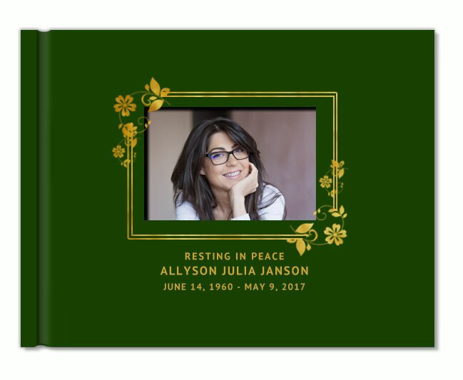 Floral Border Foil Stamped Landscape Funeral Guest Book With Photo.