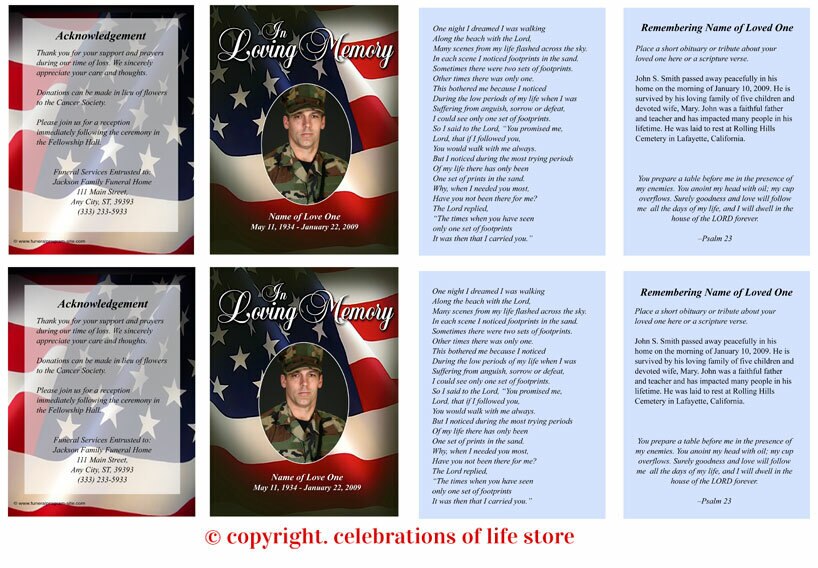 US Flag Small Memorial Card Template.