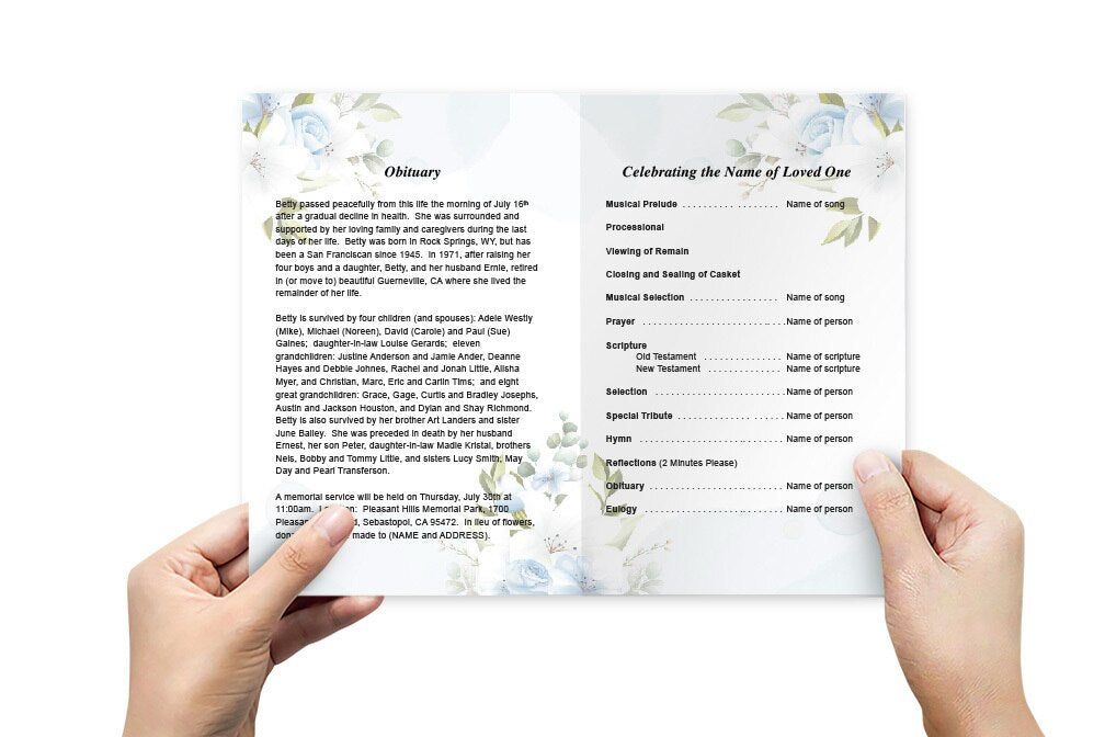 Blue Blossom Watercolor Funeral Program Template.