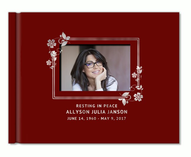Floral Border Foil Stamped Landscape Funeral Guest Book With Photo.