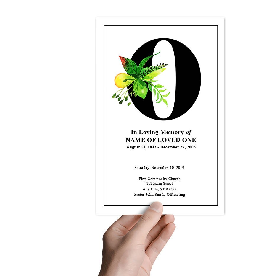 Monogram O Leaves Funeral Program Template.