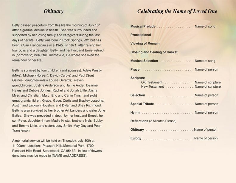 Floral Funeral Program Template.
