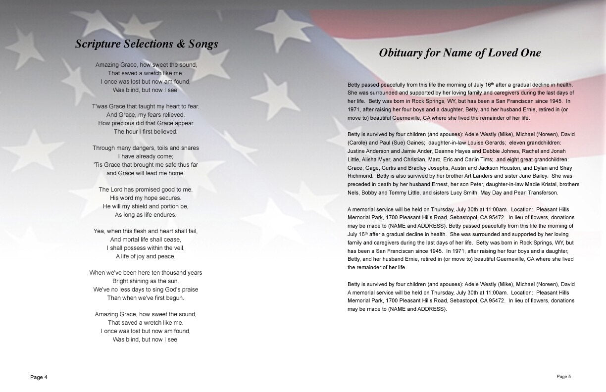 US Flag Large Funeral Booklet Template.