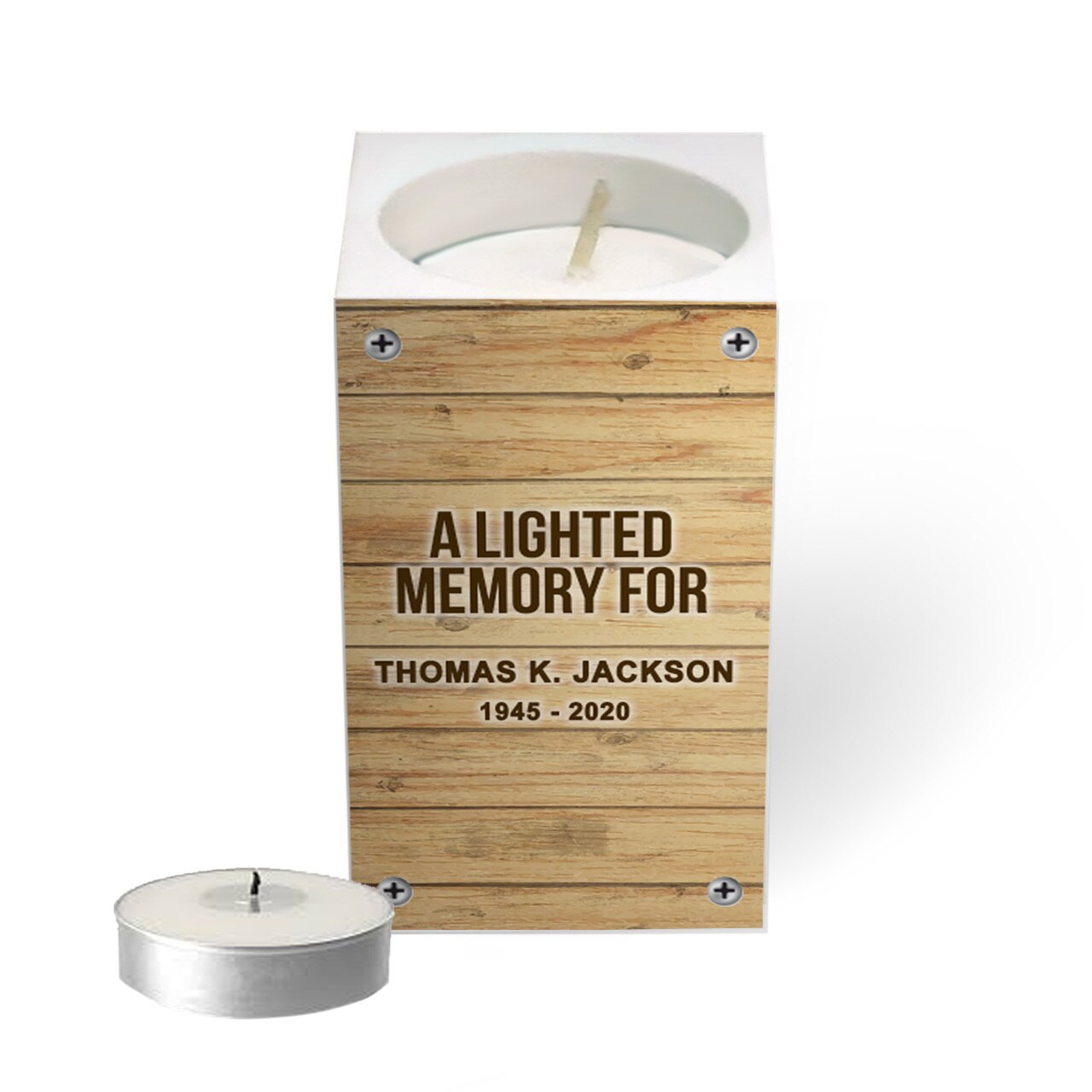 Faux Wood Personalized Mini Memorial Tea Light Holder.