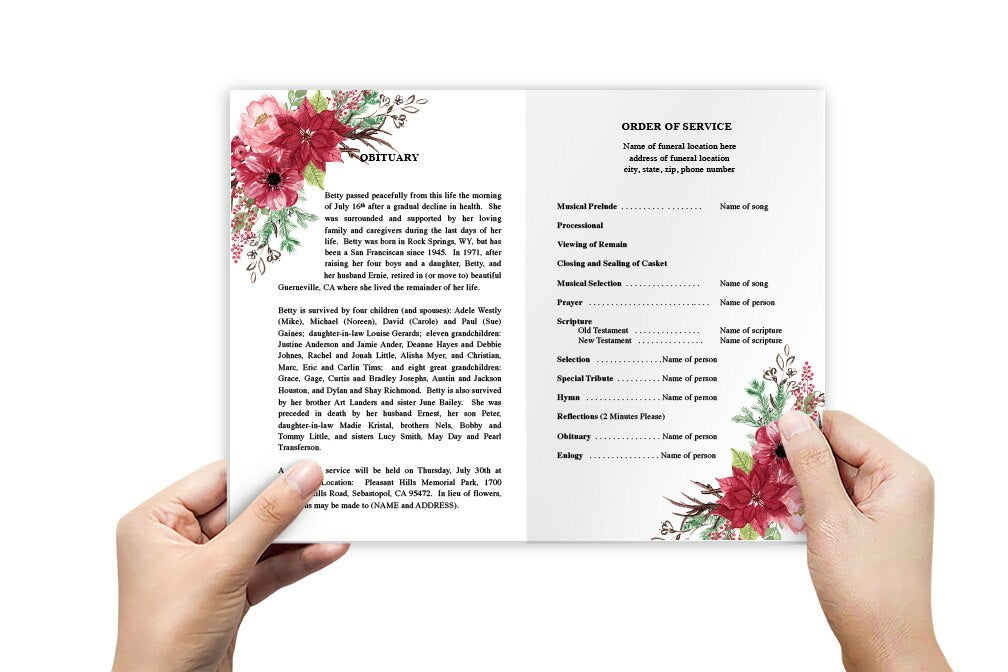 Christmas Floral Watercolor Funeral Program Template.