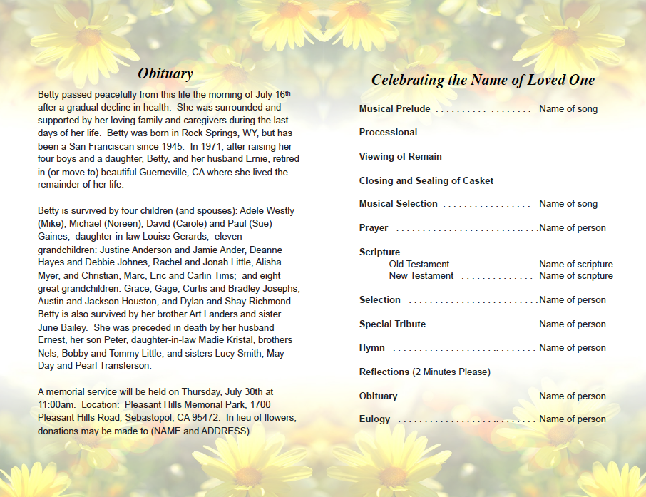 Yellow Daisies Funeral Program Template