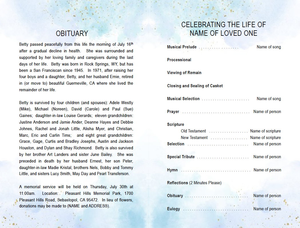 Crystal Blue Funeral Program Template