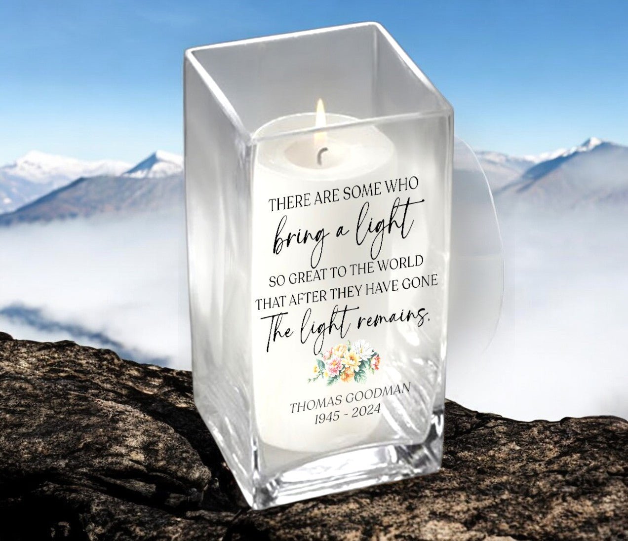 A Light Remains Personalized Square Glass Memorial Candle - The