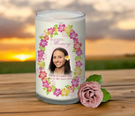 Aloha Lei Personalized Glass Memorial Candle - The Funeral Program Site
