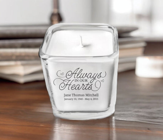 Always In Hearts Personalized Glass Cube Memorial Candle - The Funeral Program Site