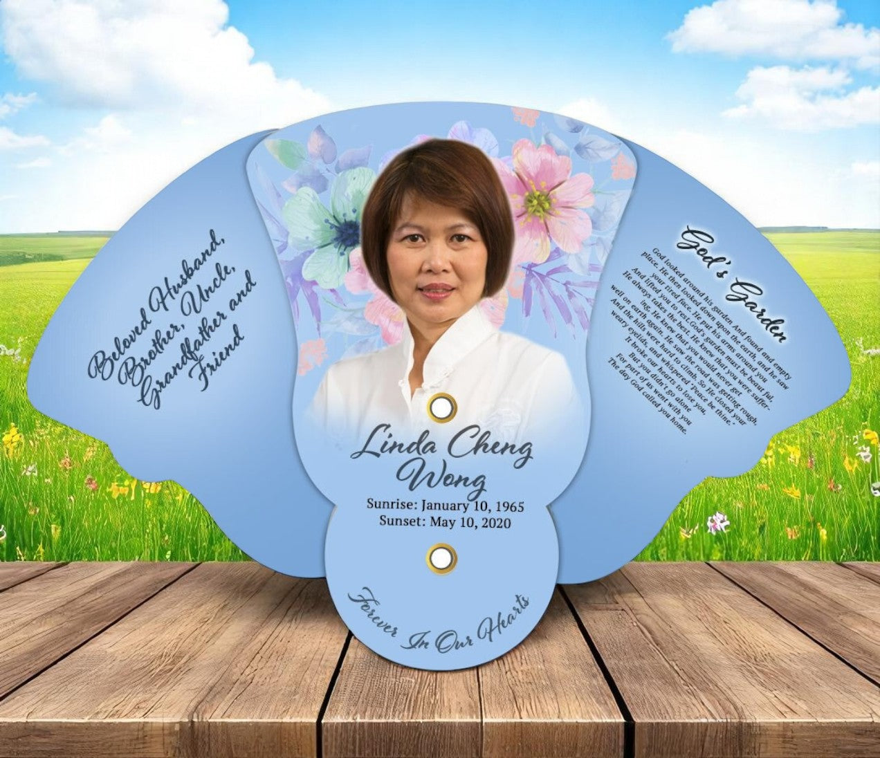 Blue Florals Folding Memorial Fan (Pack of 10)
