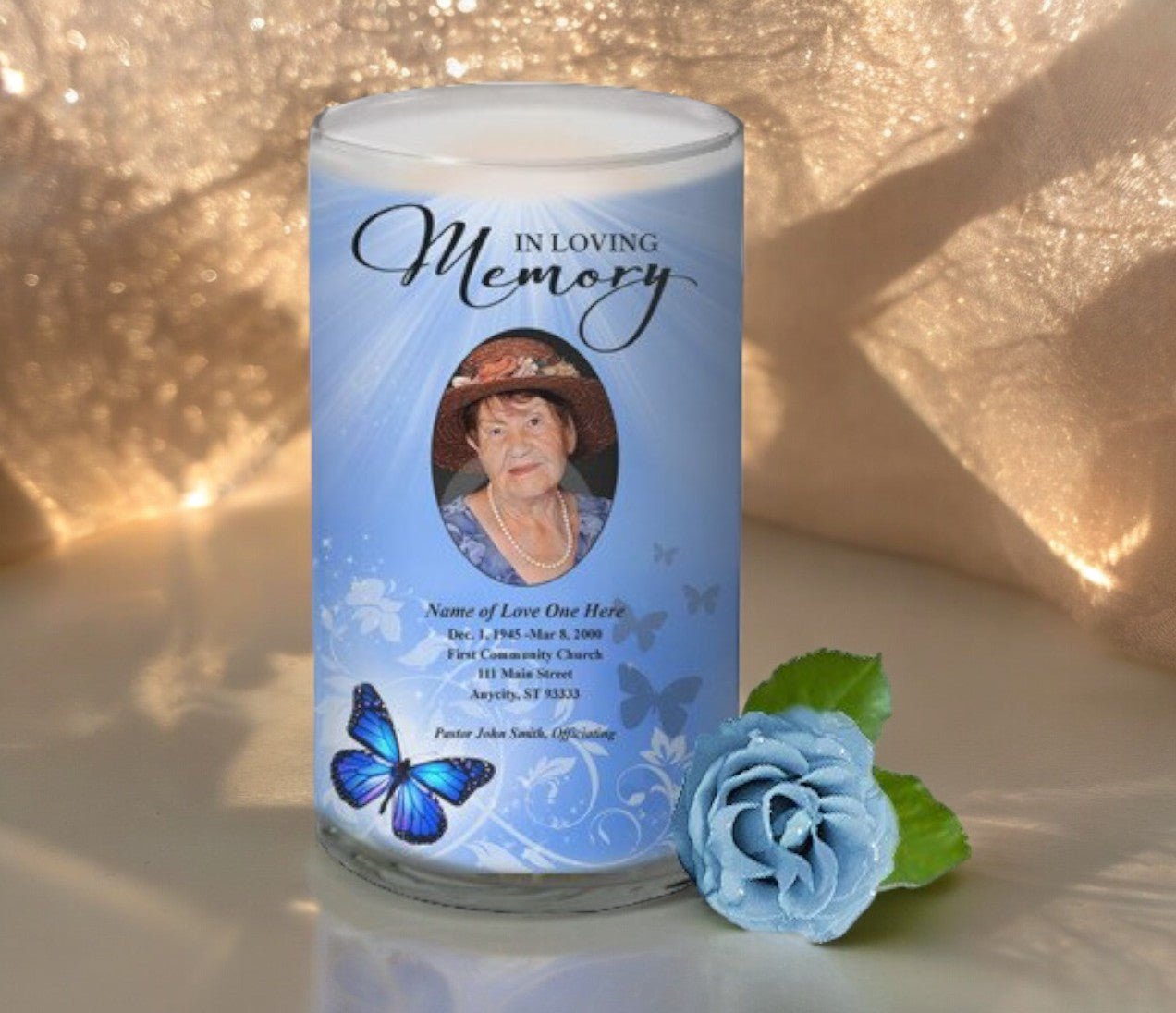 Butterfly Personalized Glass Memorial Candle - The Funeral Program Site